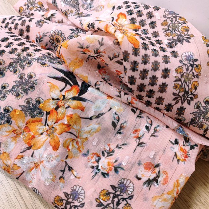 Mousseline Rose Printanière Lurex Argent - Coupon de 1.60m